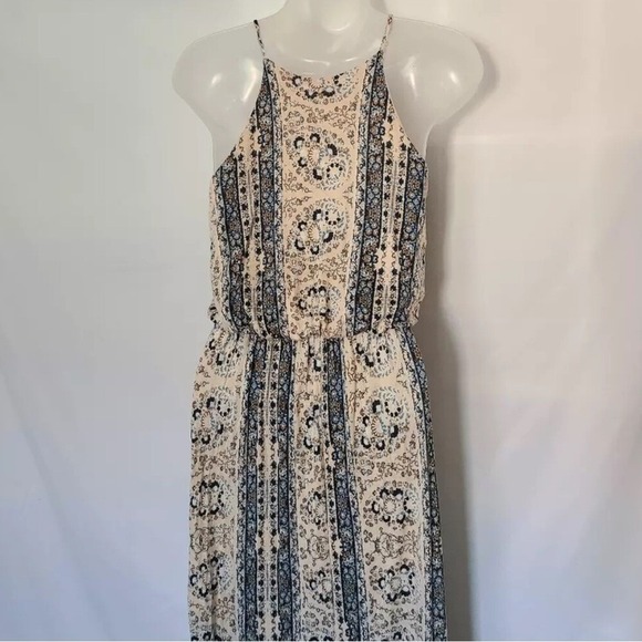 LUSH Boho Indie Print Pattern Empire Long Maxi Dress W Side Leg Slit-Size Large - Picture 3 of 16